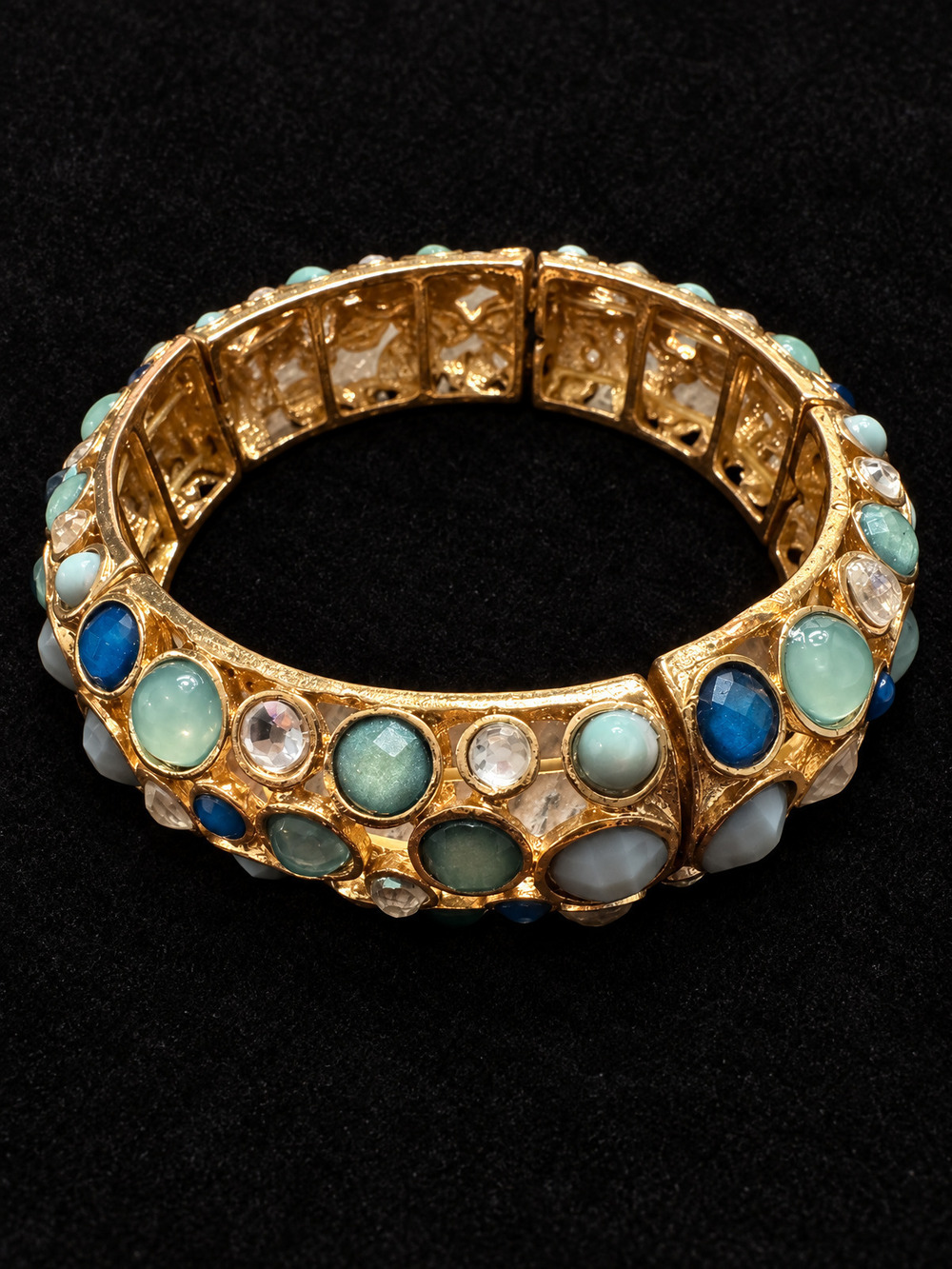 ⚜️ Statement Bangle | Mixed Stone Stretch Cuff | Blue Mint Teal Gold-Tone 💗